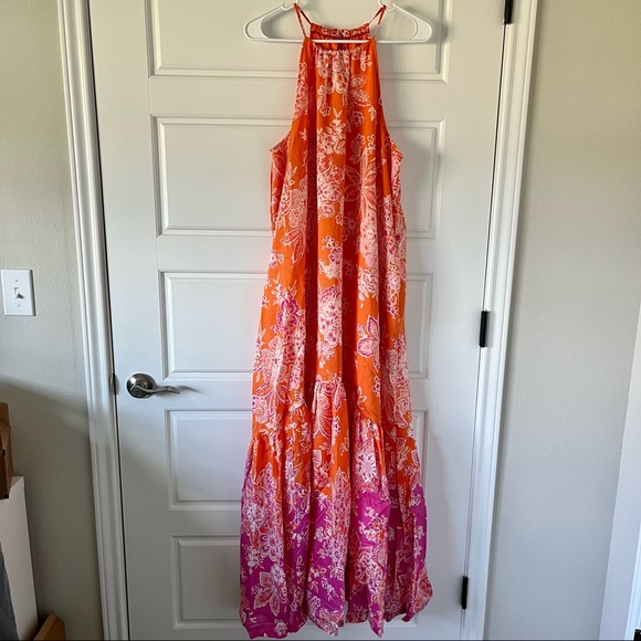Anthropologie Maeve Flounced Halter Maxi Dress Pink Orange Large NWOT - Picture 5 of 13